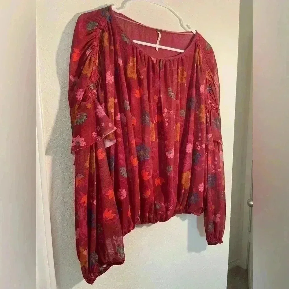 Free People Floral Print Mesh Top Ruched Balloon Sleeve Peasant Top Size Small